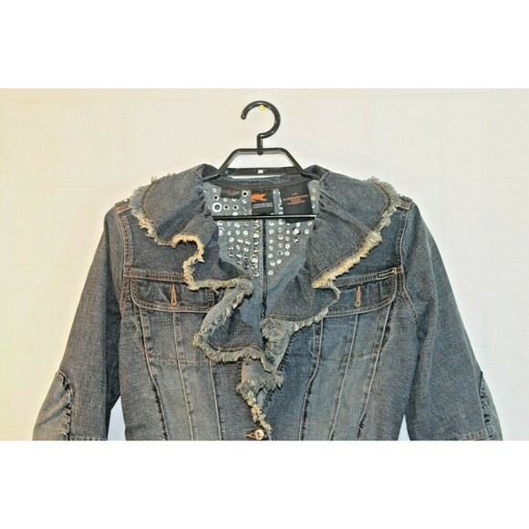 Parasuco Ergonomic jeans Denim Jacket Ruffled Jean Coat Rhinestones SZ L - Picture 5 of 9